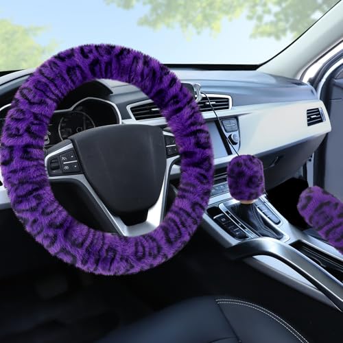 Accmor Fuzzy Car Steering Wheel Cover Universal Fit Fur Car Wheel Cover Handbrake Cover Gear Shift Cover Set Fluffy Fashion Leopard Print Auto Steering Wheel Protector for Women GirlsPurple - Image 1