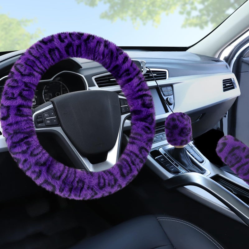 Accmor Fuzzy Car Steering Wheel Cover Universal Fit Fur Car Wheel Cover Handbrake Cover Gear Shift Cover Set Fluffy Fashion Leopard Print Auto Steering Wheel Protector for Women GirlsPurple - Image 2