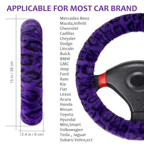 Accmor Fuzzy Car Steering Wheel Cover Universal Fit Fur Car Wheel Cover Handbrake Cover Gear Shift Cover Set Fluffy Fashion Leopard Print Auto Steering Wheel Protector for Women GirlsPurple - Image 3
