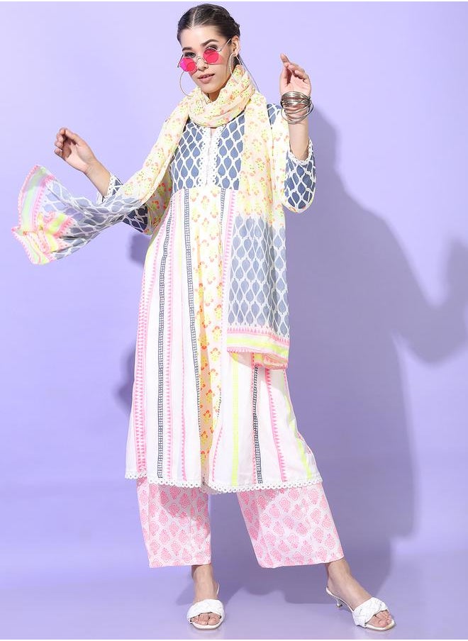 Vishudh Pack of 3 - Viscose Rayon Printed Kurta, Trousers & Dupatta by Styli  - Image 1