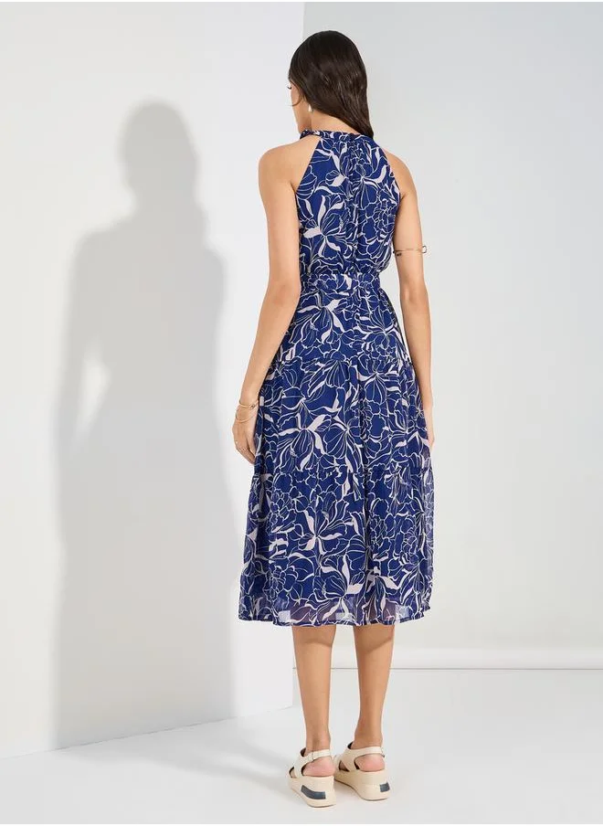 Styli Halter Neck Tiered Midi Dress with Tie Belt