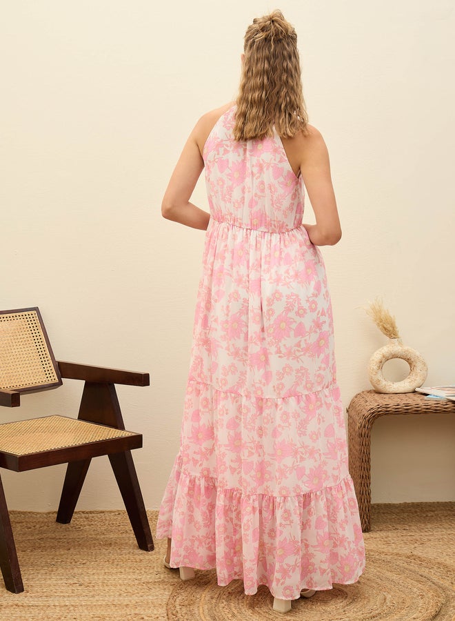 SASSAFRAS White Floral Print Halter Neck Maxi Dress - Image 5