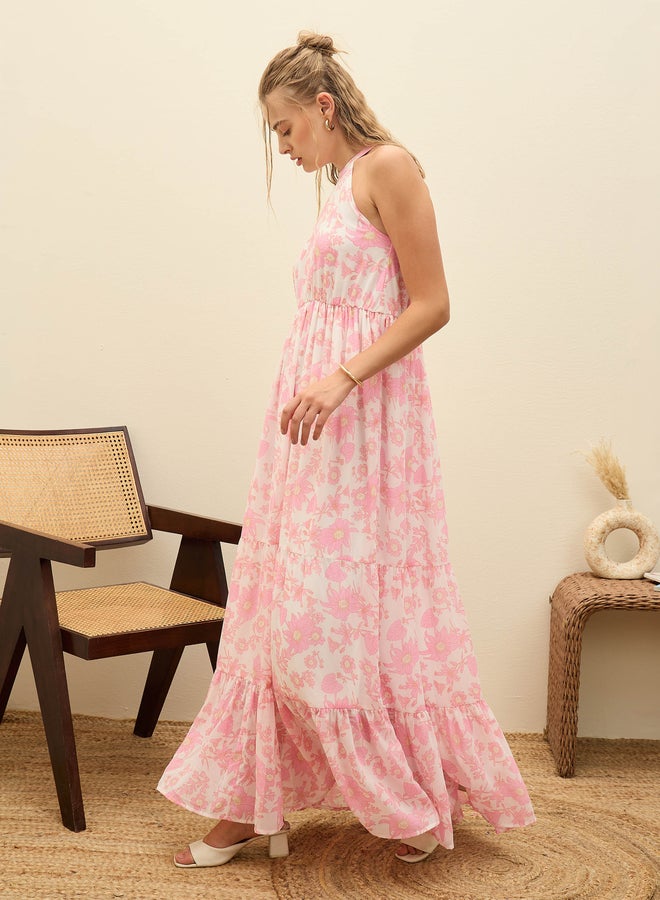 SASSAFRAS White Floral Print Halter Neck Maxi Dress - Image 3