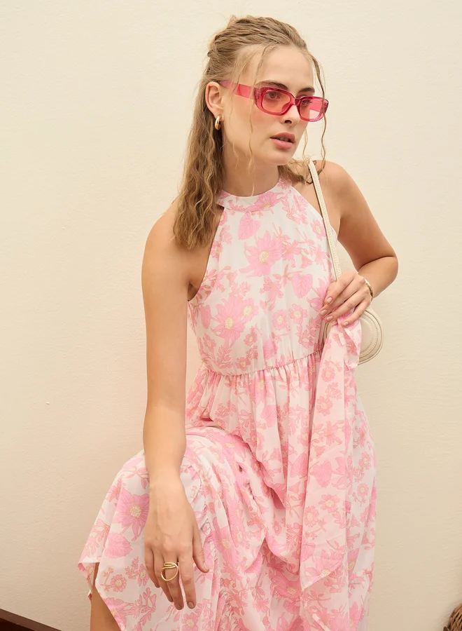 SASSAFRAS Sassafras White Floral Print Halter Neck Maxi Dress