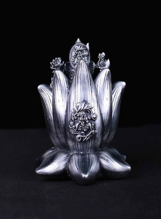 Artarium Padma Ganesha Idol Silver Sculpture for Car Dashboard Sister Birthday Gifts Home Decor Lord Ganesh Statue Sitting On Lotus Compact Spiritual Showpiece Size -2.7 Inch - Image 4