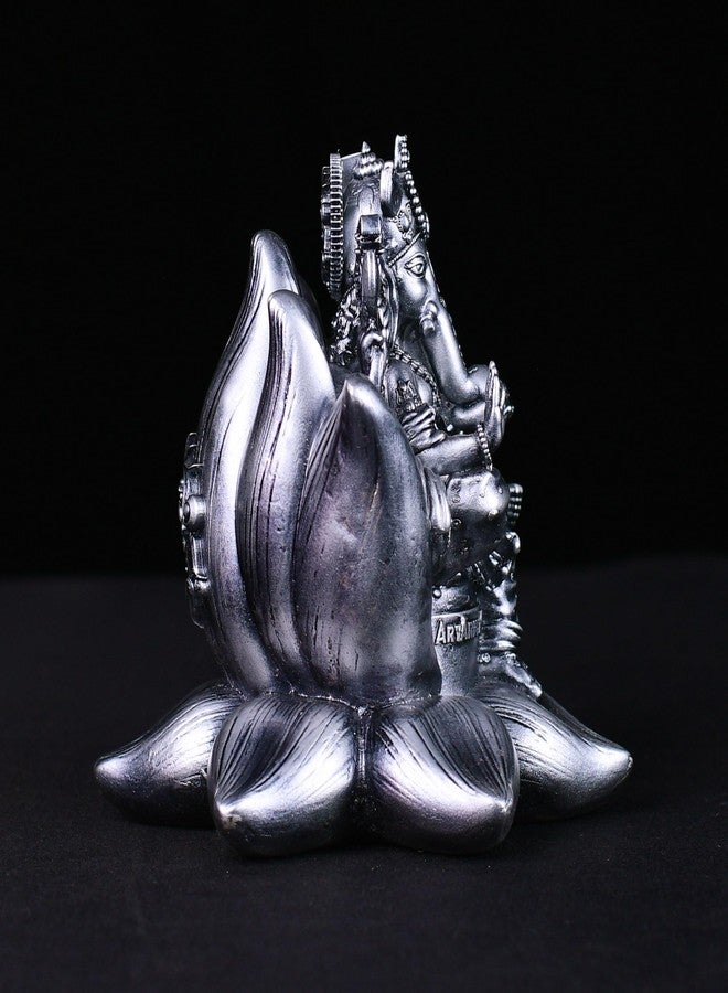 Artarium Padma Ganesha Idol Silver Sculpture for Car Dashboard Sister Birthday Gifts Home Decor Lord Ganesh Statue Sitting On Lotus Compact Spiritual Showpiece Size -2.7 Inch - Image 2