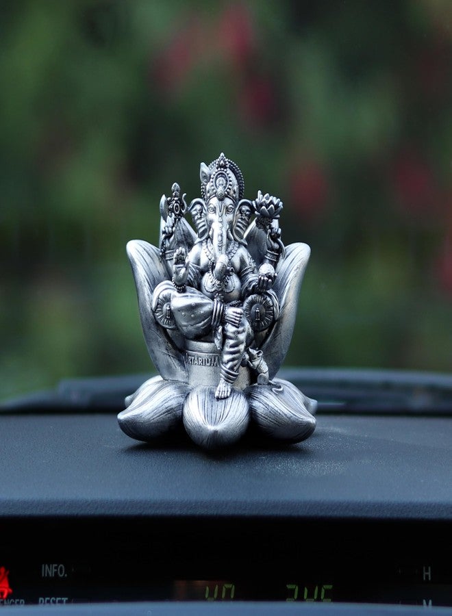 Artarium Padma Ganesha Idol Silver Sculpture for Car Dashboard Sister Birthday Gifts Home Decor Lord Ganesh Statue Sitting On Lotus Compact Spiritual Showpiece Size -2.7 Inch - Image 1
