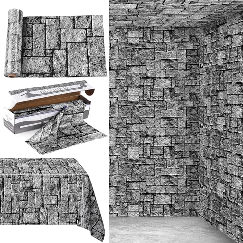 Kochorie 100 Ft x 54 Inch Stone Wall Tablecloth Roll with Cutter Box Disposable Plastic Stone Table Cover Medieval Stone Brick Table Cloth Dirt Floor Wall Backdrops for Farm Wedding Birthday Party - Image 1