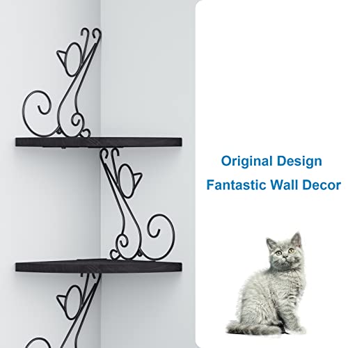 Alsonerbay Corner Shelves - Wall Mounted Floating Wood Shelf, 4 Tier Rustic Storage Shelf, Cat Shaped Shelving for Wall, Solid Wooden Decor for Living Room, Bedroom, Kitchen (Black) - Image 2