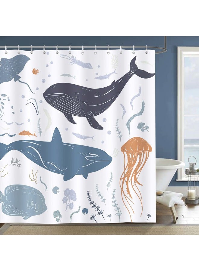 Bonhause Whale Fish Shower Curtain 72 x 72 Inch Kids Ocean Animal Decorative Bath Curtain Polyester Fabric Waterproof Bathroom Curtain with 12 Hooks - Image 2