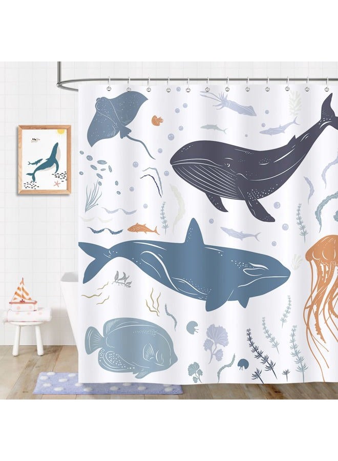 Bonhause Whale Fish Shower Curtain 72 x 72 Inch Kids Ocean Animal Decorative Bath Curtain Polyester Fabric Waterproof Bathroom Curtain with 12 Hooks - Image 1