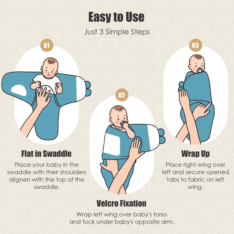 SWEET DOLPHIN 3-Pack Baby Swaddle Sleep Sacks - Newborn Swaddle Blanket with Soft Cotton - Ergonomic Wrap for Boys and Girls, 0-3 Months, Peacock Blue - Image 3
