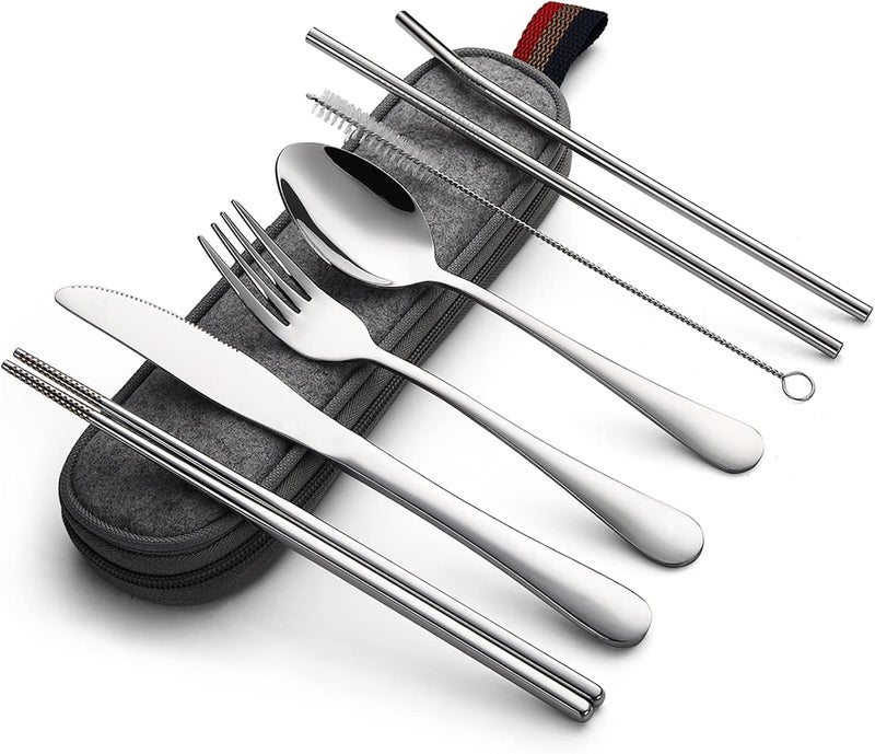 DEVICO Portable Utensils, Travel Camping Cutlery Set, 8-Piece including Knife Fork Spoon Chopsticks Cleaning Brush Straws Portable Case, Stainless Steel Flatware set (Silver) - Image 1