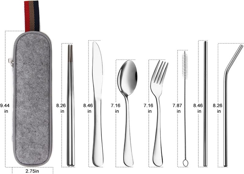 DEVICO Portable Utensils, Travel Camping Cutlery Set, 8-Piece including Knife Fork Spoon Chopsticks Cleaning Brush Straws Portable Case, Stainless Steel Flatware set (Silver) - Image 2