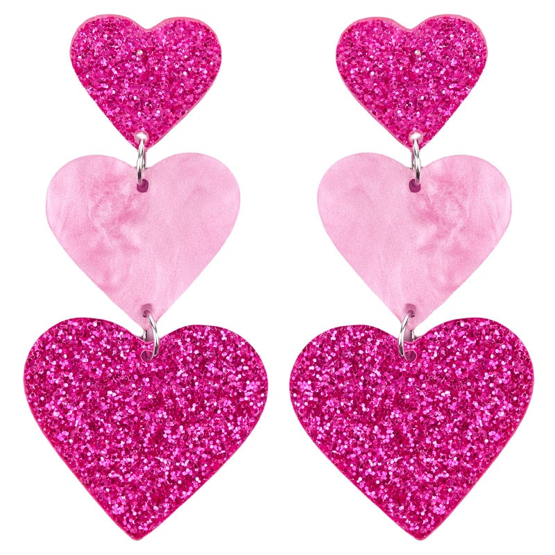 Cifudec Heart Earrings Dangle Valentine's Day Earrings Heart Earrings Cute Love Dangling Heart Earrings for Women (3 Hearts Hot Pink) - Image 1