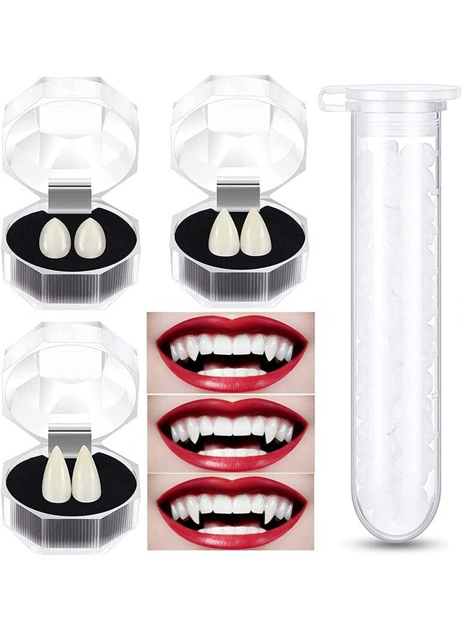 3 Pairs of Vampire Teeth, Vampire Fangs, 3 Sizes Costume Teeth with 1 Tube of Adhesive Tooth Pellets for Costume Party Support, Halloween Cosplay - Image 1