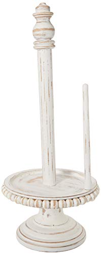Mud Pie 47100002 Farmhouse Washed Beaded Wood Pedestal Paper Towel Holder, 16" x 6" Dia, White, Grey - Image 1