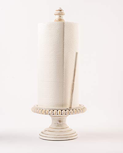 Mud Pie 47100002 Farmhouse Washed Beaded Wood Pedestal Paper Towel Holder, 16" x 6" Dia, White, Grey - Image 2