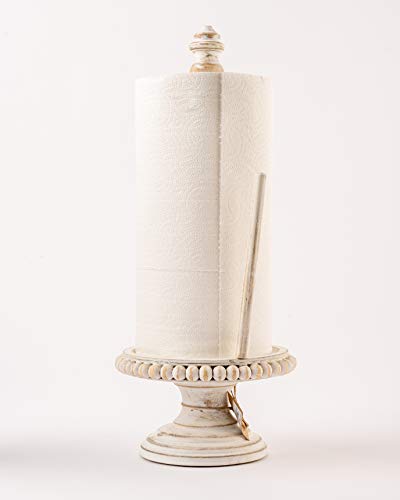 Mud Pie 47100002 Farmhouse Washed Beaded Wood Pedestal Paper Towel Holder, 16" x 6" Dia, White, Grey - Image 3