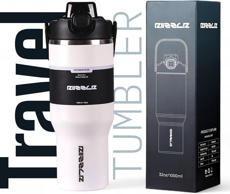 Riizzlr 1000ml Insulated Water Bottle Tumbler with 2-in-1 Straw & Sip Lid – Stainless Steel Vacuum Flask, Double Wall, BPA-Free, Leakproof, Wide Mouth, Keeps Drinks Hot 12H / Cold 24H (Glacier White) - Image 2