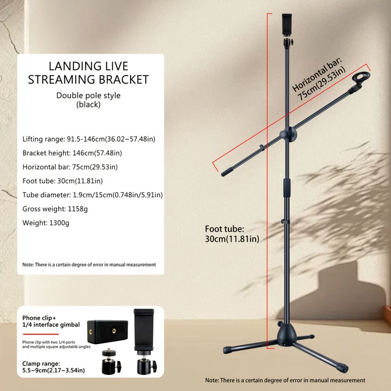 Black Microphone Floor Stand with Phone Holder Adjustable Tripod Boom Arm for Streaming Podcasting Recording and Live Performance - Image 3