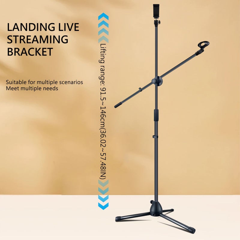 Black Microphone Floor Stand with Phone Holder Adjustable Tripod Boom Arm for Streaming Podcasting Recording and Live Performance - Image 4