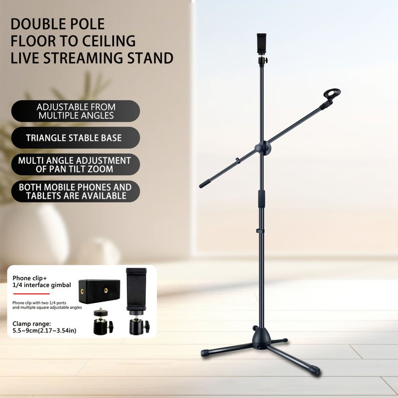 Black Microphone Floor Stand with Phone Holder Adjustable Tripod Boom Arm for Streaming Podcasting Recording and Live Performance - Image 1