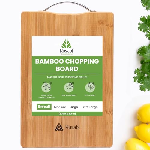 Rusabl Bamboo Wooden Chopping Board with Metal Handle, Multipurpose Cutting Board for Vegetables, Fruits & Cheese, for Kitchen Use, BPA Free, Eco-Friendly, Anti-Microbial (S, 30 x 20 cms) - Image 1