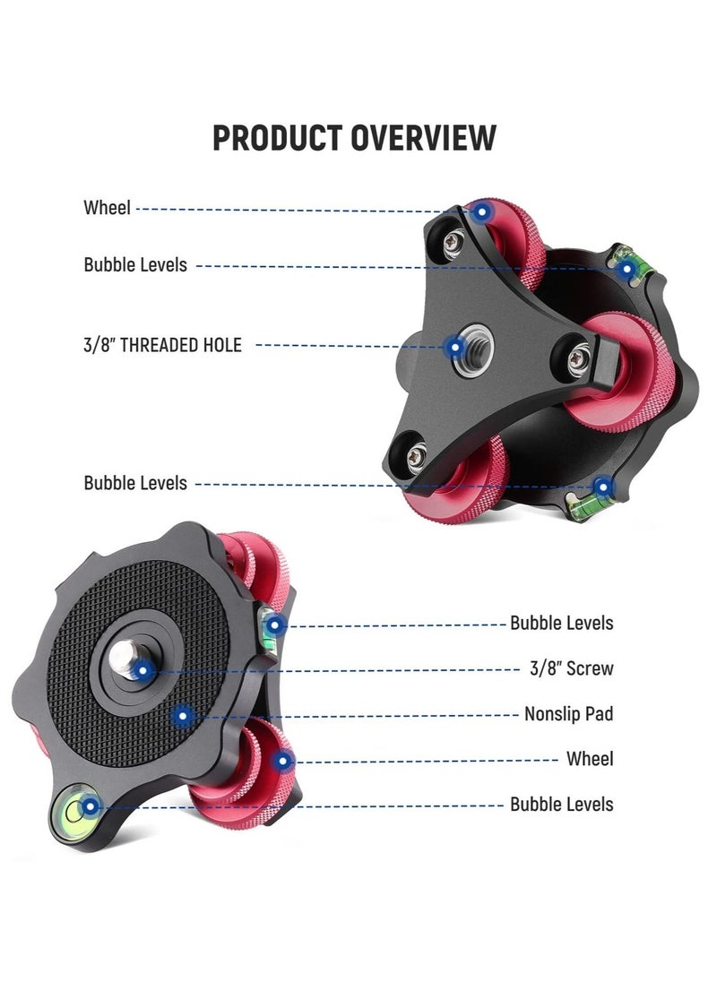 Tripod Head Leveling Base, Camera Leveler, Aluminum Alloy 3 Axis Tri Wheel Head, 3/8” Thread, with +/-5 Degree Precision Adjustment for Macro Panoramic Photography, LP64