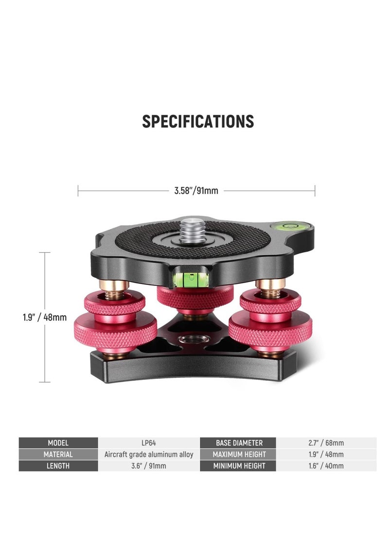 Tripod Head Leveling Base, Camera Leveler, Aluminum Alloy 3 Axis Tri Wheel Head, 3/8” Thread, with +/-5 Degree Precision Adjustment for Macro Panoramic Photography, LP64