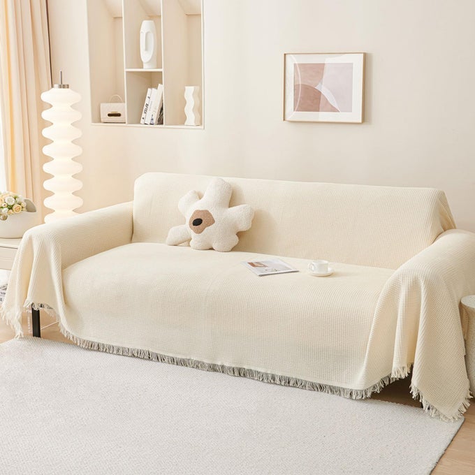 WAFFLE PATTERN THROWS FOR SOFAS LARGE 3 SEATER SOFA THROW WITH DECORATIVE FRINGE VERSATILE WOVEN THROWS FOR SETTEES COUCH AND ARMCHAIRS 180X300CM CREAM