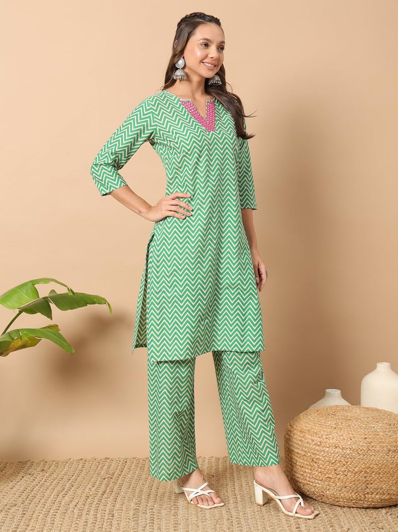 FIORRA Women's Sea Green Cotton Straight Kurta Set SET0132 - Image 2