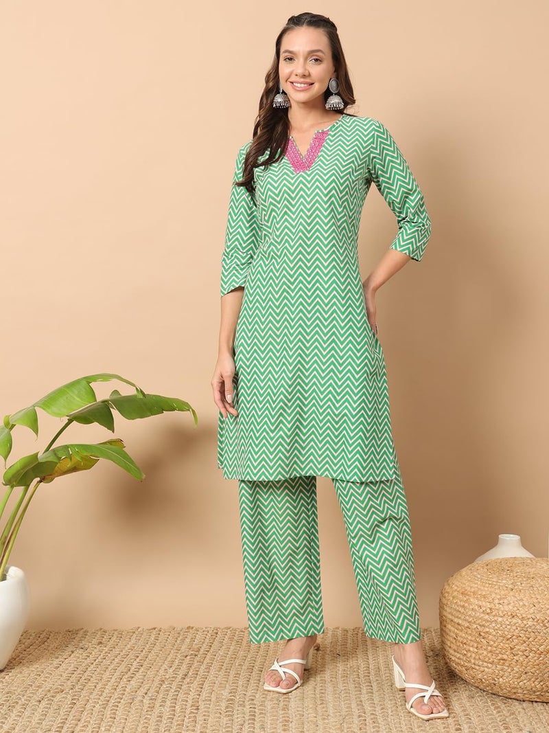 FIORRA Women's Sea Green Cotton Straight Kurta Set SET0132 - Image 5