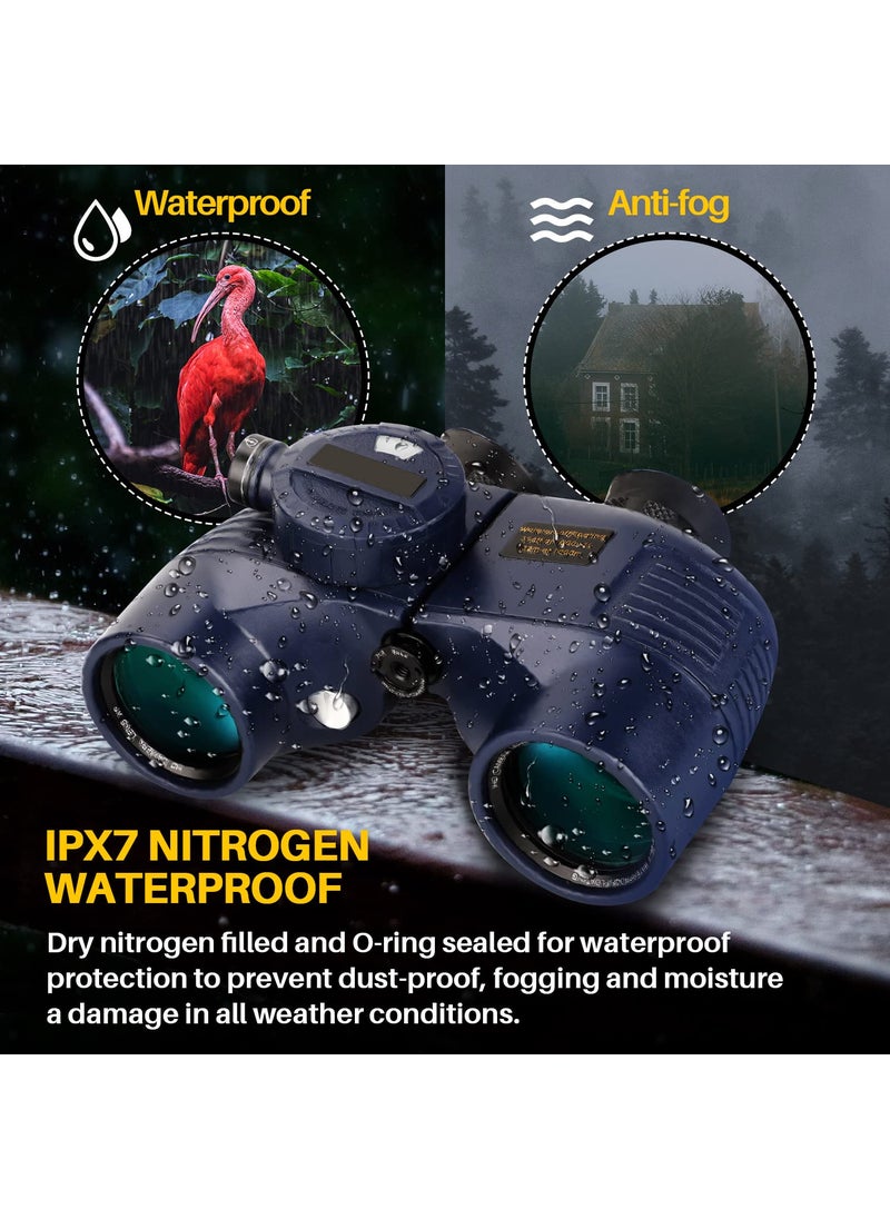 BNISE 10x50 Marine Binoculars with Compass for Adults - Waterproof BAK4 Prism FMC Lens Binoculars with Rangefinder Compass and Shoulder Harness Strap for Navigation Hunting Bird Watching  - Image 5
