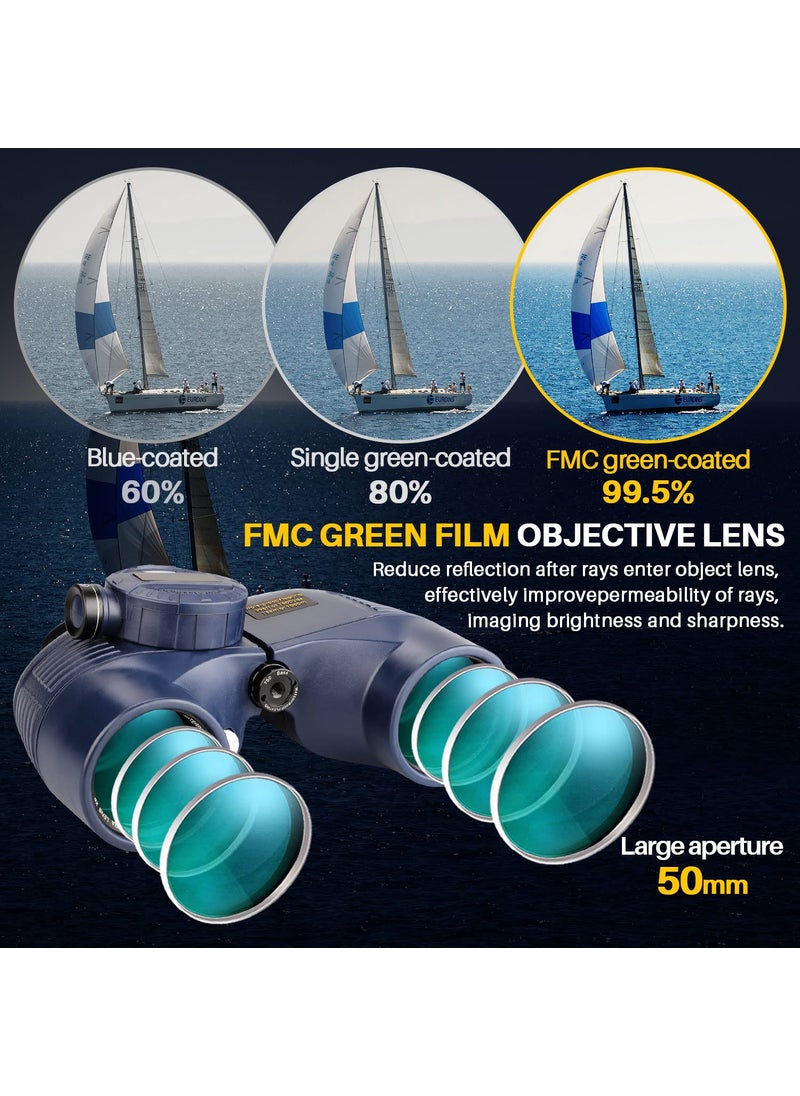 BNISE 10x50 Marine Binoculars with Compass for Adults - Waterproof BAK4 Prism FMC Lens Binoculars with Rangefinder Compass and Shoulder Harness Strap for Navigation Hunting Bird Watching  - Image 3