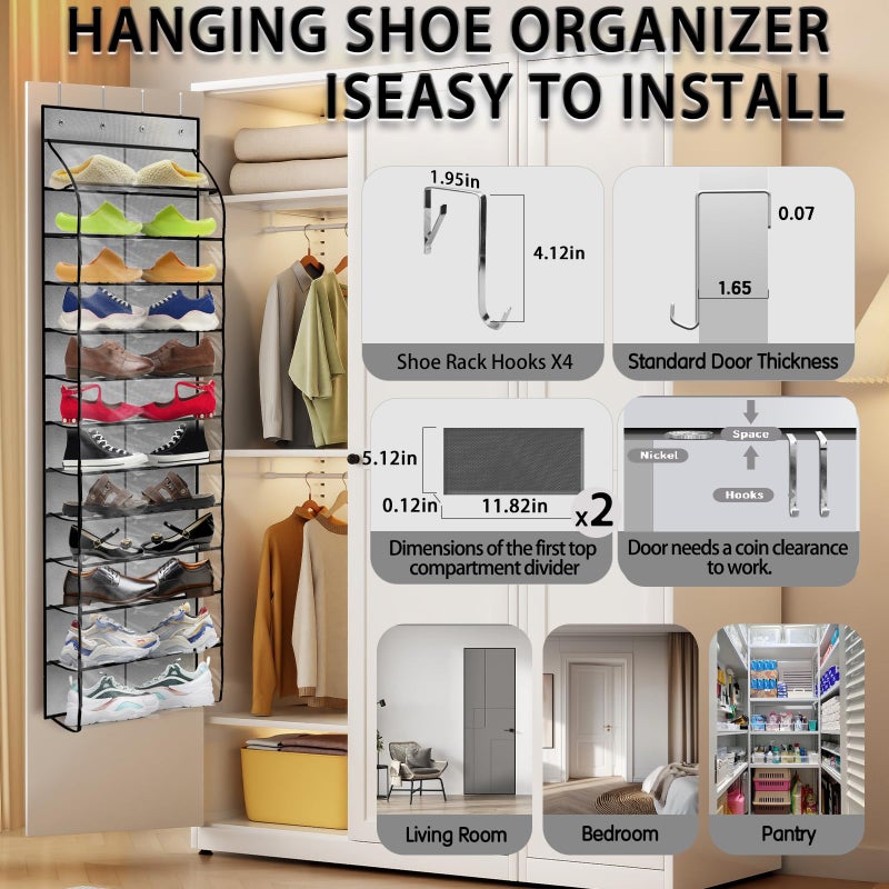 Kotkn Over The Door Shoe Organizer with 12 Large Breathable Pockets - Durable Hanging Storage for the Entire Family's Shoes (Gray) - Image 4