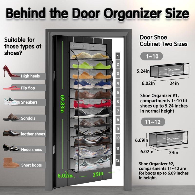 Kotkn Over The Door Shoe Organizer with 12 Large Breathable Pockets - Durable Hanging Storage for the Entire Family's Shoes (Gray) - Image 2