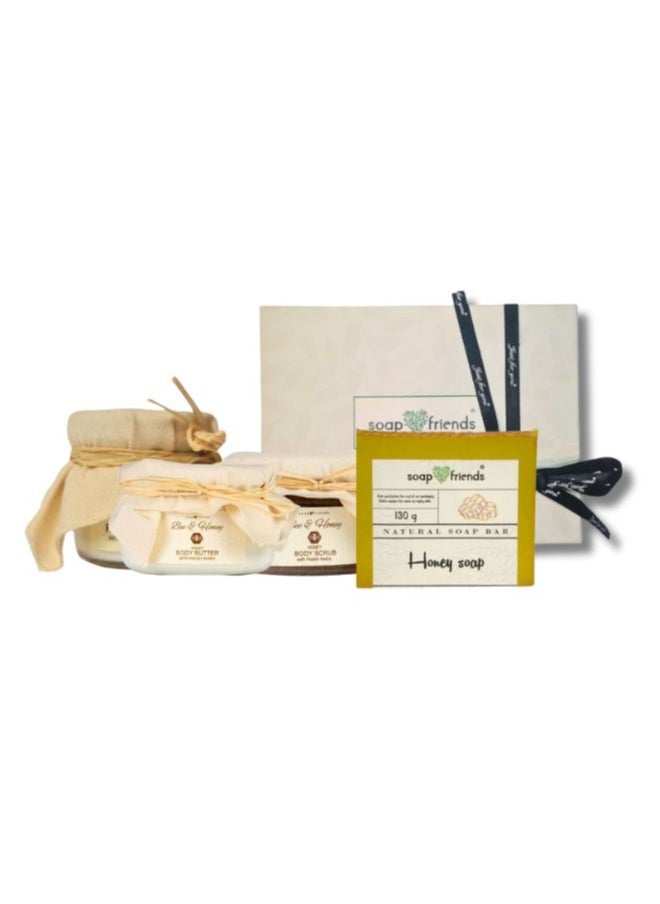 Soap&Friends Honey Face Cream, Lip Balm, Soap Bar & Body Scrub Gift Set by Soap&Friends, set of 4  - Image 1