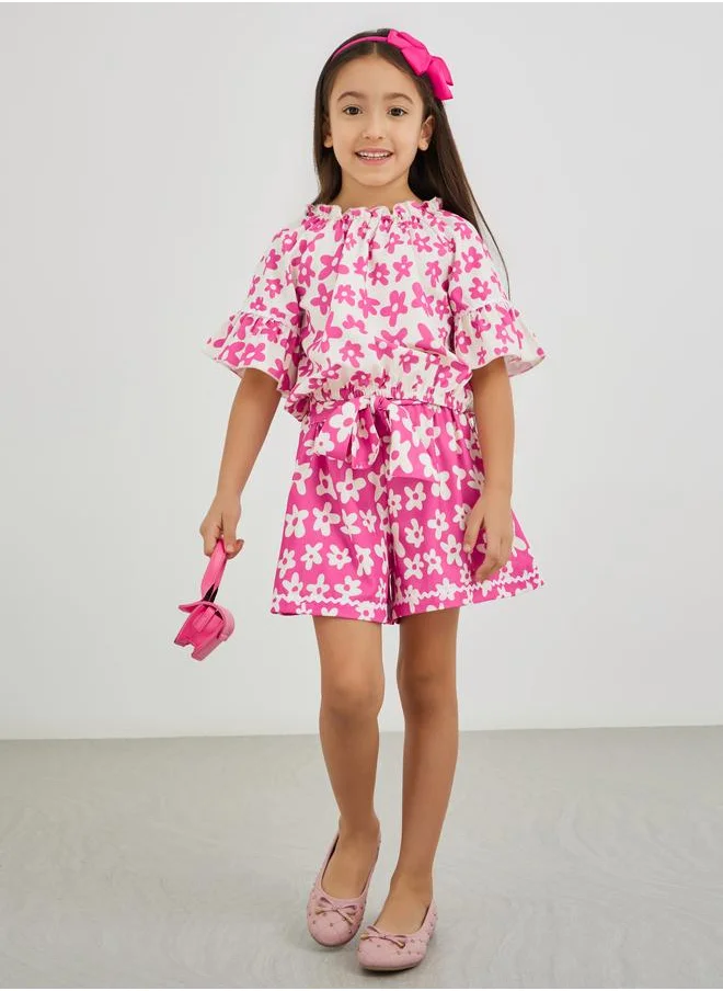 Styli Styli Girls Floral Print Short Sleeve Top and Shorts Set