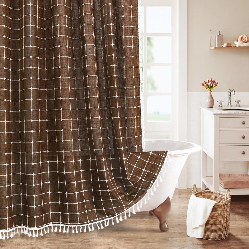 MitoVilla Brown Boho Shower Curtains for Modern Farmhouse Bathroom Decor, Country Thick Polyester Linen Fabric Shower Curtain with Tassel, 72 x 72 - Image 1
