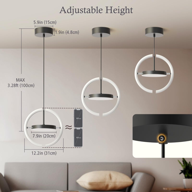 FIMEI LED Saturn Pendant Lights, 3000-6000K Dimmable Adjustable Hanging Chandelier Saturn Ring Design for Dining Room Kitchen Island Entryway Bedroom Foyer Black (Black, 1) - Image 5