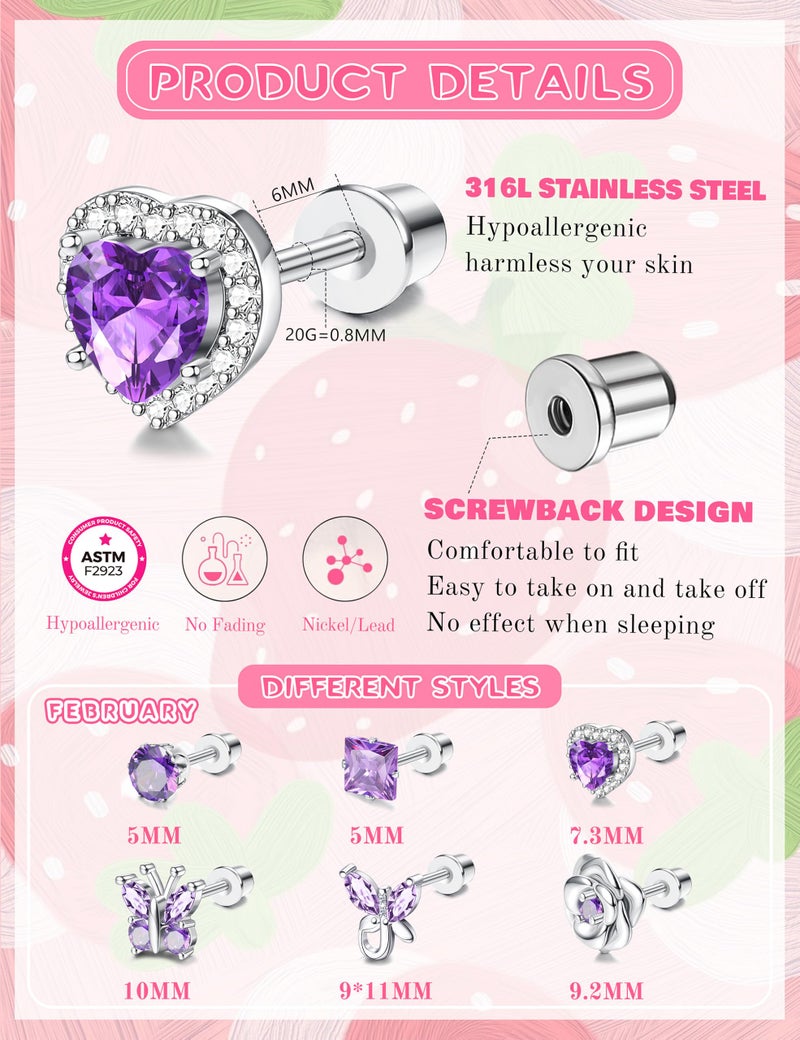 THUNARAZ Hypoallergenic Screw Back Earrings for Girls Women Surgical Stainless Steel Stud Earrings for Sensitive Ears Cute Butterfly Flower Heart CZ Earring Kid Toddler Girls Jewelry Gift 2 - Image 5