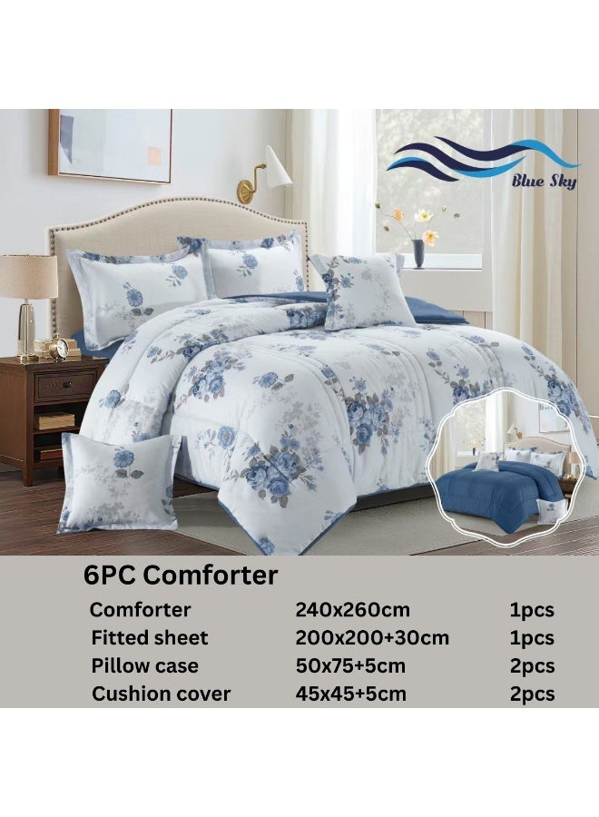 بلو سكاي مفرش سرير نفرين فندقي فاخر – طقم لحاف بحشوة 6 قطع – طقم مفارش يتكون من مفرش  بحشوة وشرشف مطاطي و 2 كيس مخدة و 2 كيس وسادة مربعة – طقم نوم ناعم ومريح - مقاس المفرش 260X240 سم - Image 2