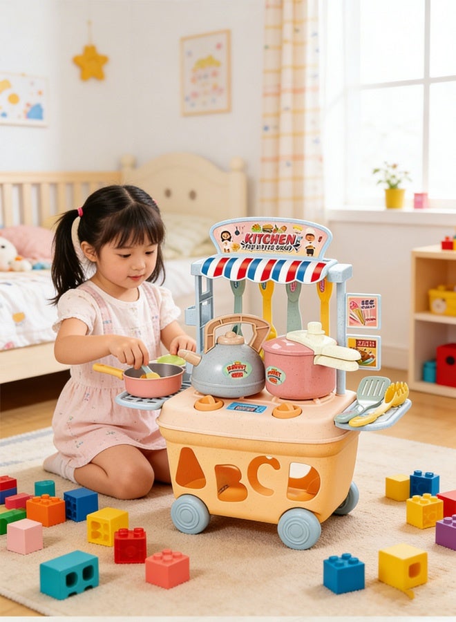 4-in-1 Kids Kitchen Cart Toy Set with Ice Cream Cart & Cooking Utensils - Pretend Play Toys for Toddlers, Indoor Outdoor Role Play Game Gift for Girls Boys Ages 3-6 - Image 1
