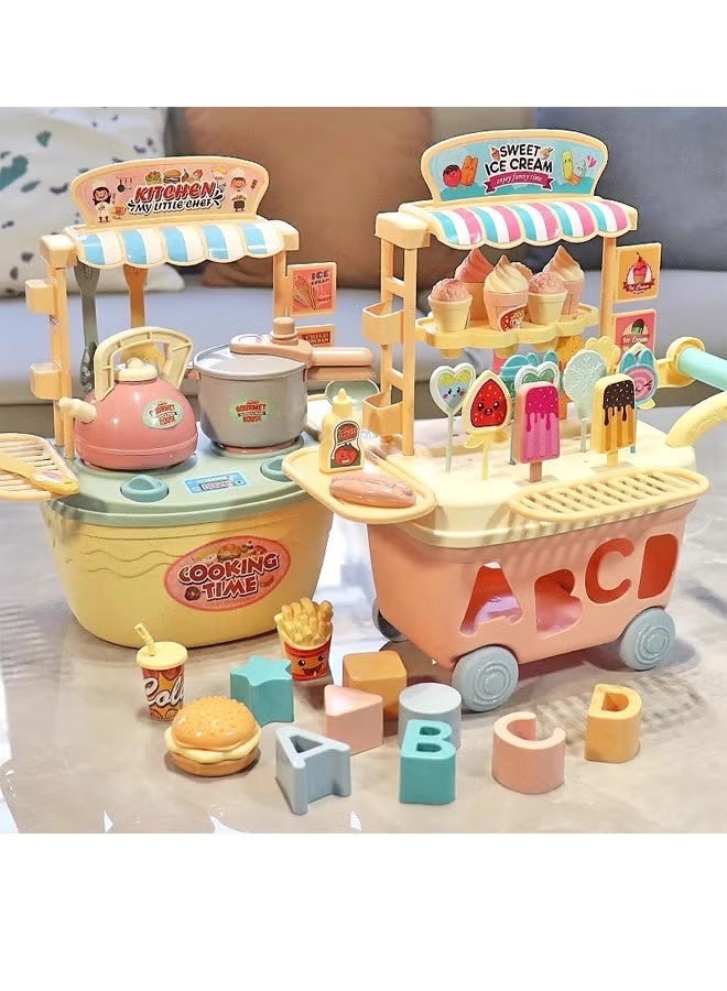 4-in-1 Kids Kitchen Cart Toy Set with Ice Cream Cart & Cooking Utensils - Pretend Play Toys for Toddlers, Indoor Outdoor Role Play Game Gift for Girls Boys Ages 3-6 - Image 3