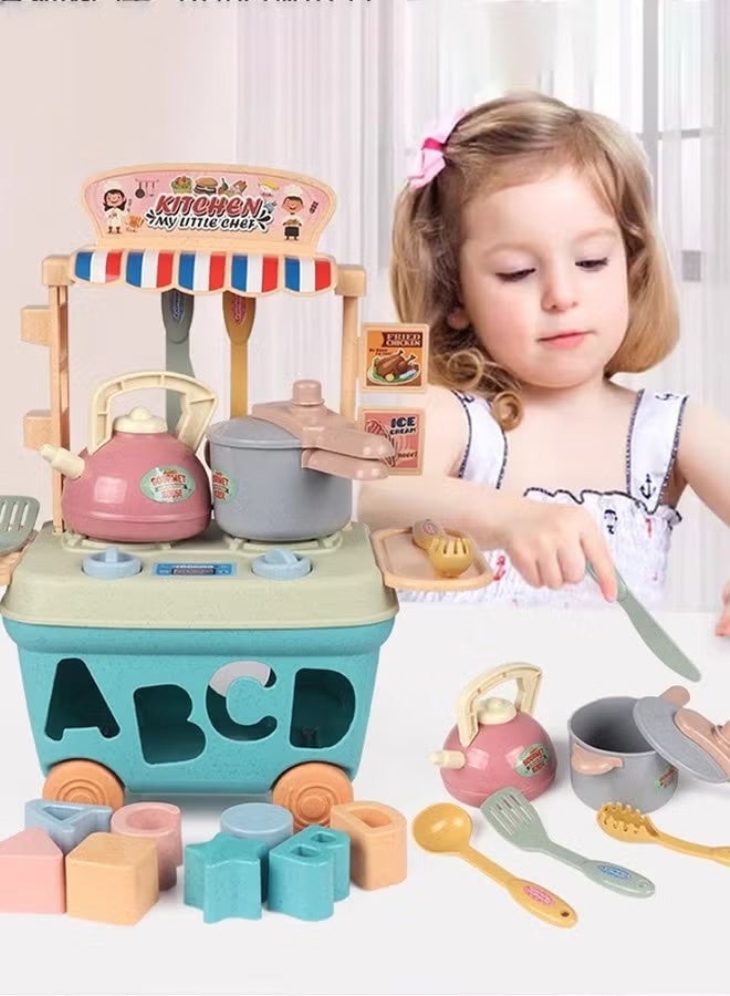 4-in-1 Kids Kitchen Cart Toy Set with Ice Cream Cart & Cooking Utensils - Pretend Play Toys for Toddlers, Indoor Outdoor Role Play Game Gift for Girls Boys Ages 3-6 - Image 4