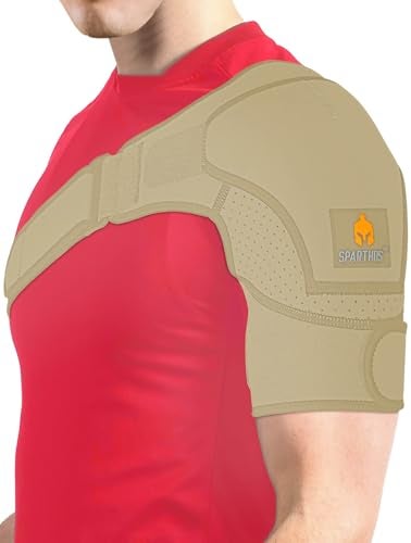 Sparthos Shoulder Brace - Support and Compression Sleeve for Torn Rotator Cuff, AC Joint Pain Relief - Arm Immobilizer Wrap, Ice Pack Pocket, Stability Strap, Dislocated Sholder - for Men and Women - Beige - Image 1