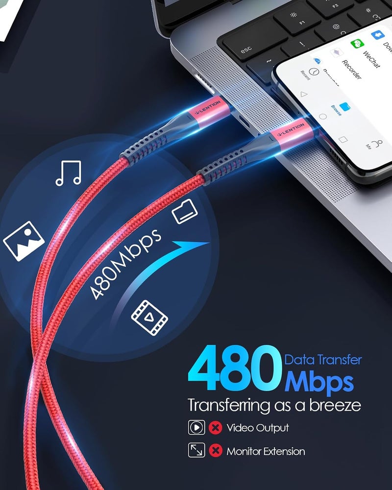 LENTION USB C to USB C Cable 3.3ft 60W, Type C 20V/3A Fast Charging Braided Cord Compatible 2025-2016 MacBook Pro, New Mac Air/iPhone 17, Surface, Samsung Galaxy S25/S24/S23/S22/Plus/Note, More (Red) - Image 3