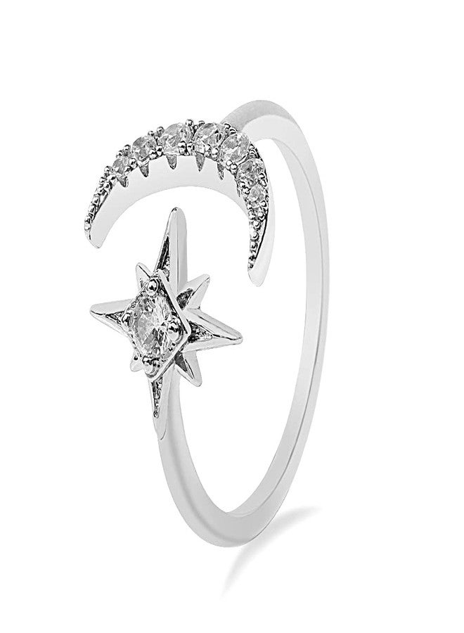 Artilady Cz Moon Star Rings for Women - Open Ring AAAA Cubic Zirconia Moon and Star Open Band Ring, Adjustable for US 5-9 - Image 1