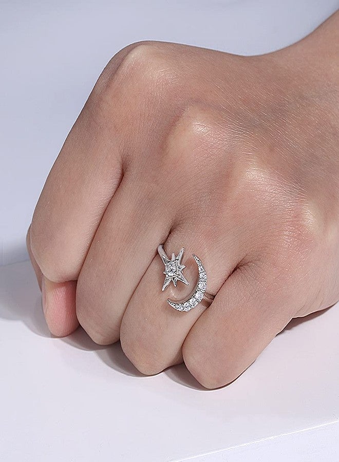 Artilady Cz Moon Star Rings for Women - Open Ring AAAA Cubic Zirconia Moon and Star Open Band Ring, Adjustable for US 5-9 - Image 2
